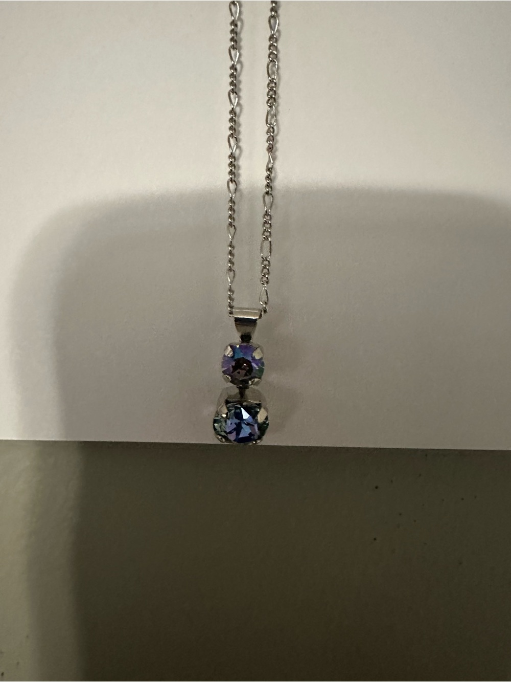 Silver Pendant Necklace with Iridescent Blue-Purple Crystals